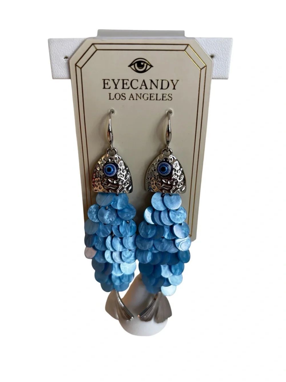 EYECANDY LA Evil Eye Light Blue & Hammered Silver Toned Fish Drop Earrings.